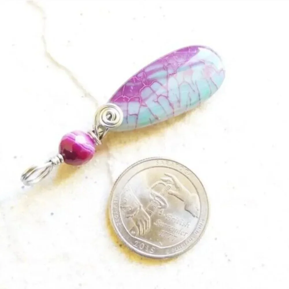 STUNNING COLOR! OOAK Teal Pink Orchid Purple Veined Agate Teardrop Pendant